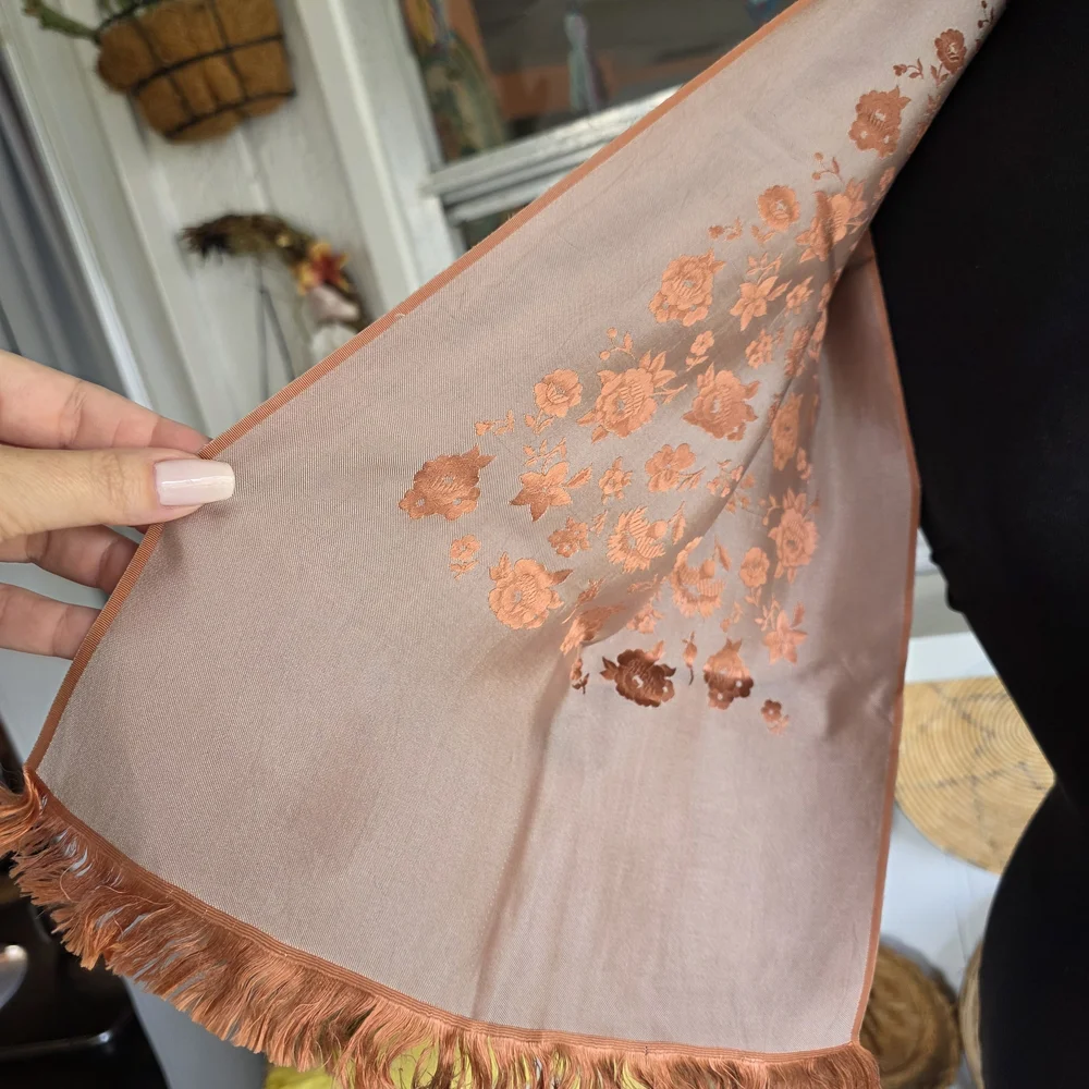 Vintage 70s Silky Woven Floral Scarf Copper Shimmer Boho Chic